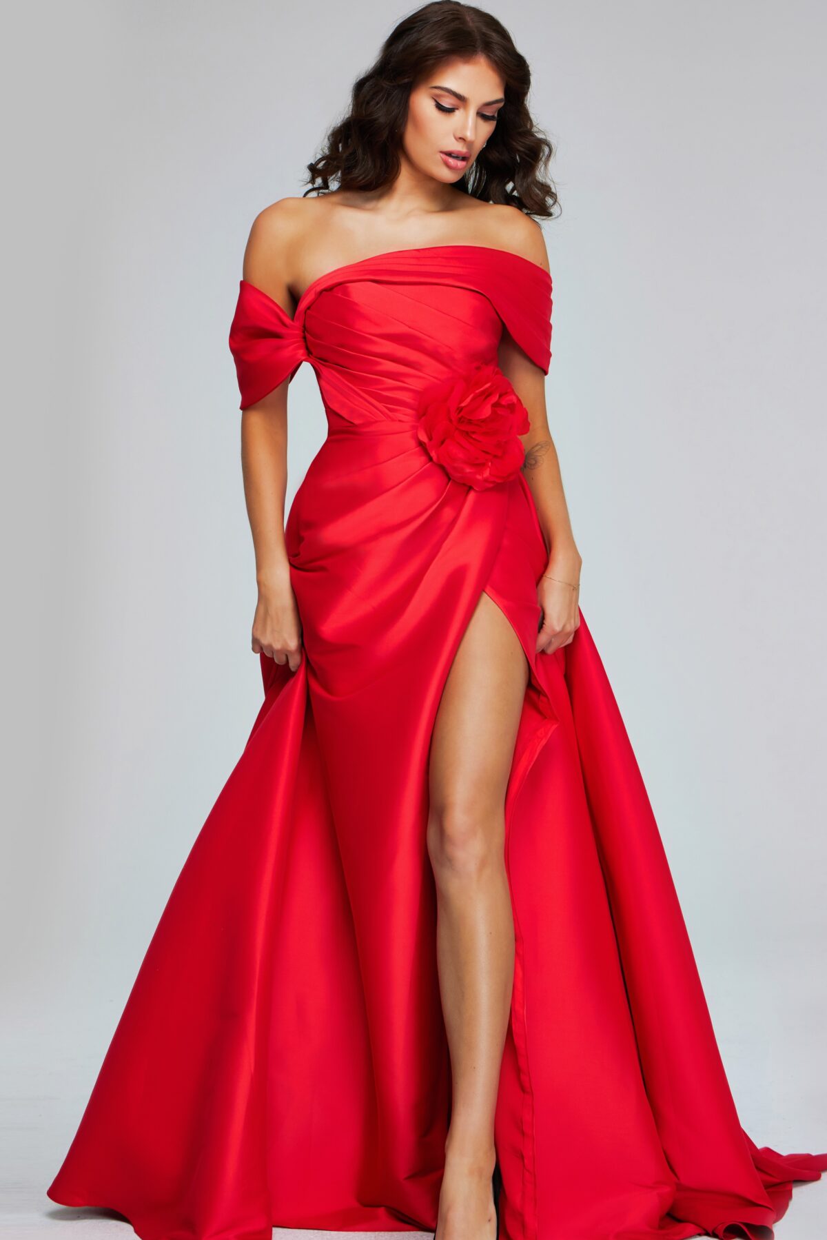 Off-Shoulder Red Gown with Flower Detail 40832 - Jovani