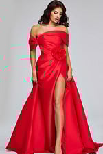Model wearing Jovani 40832 red gown featuring an off-shoulder neckline and high slit