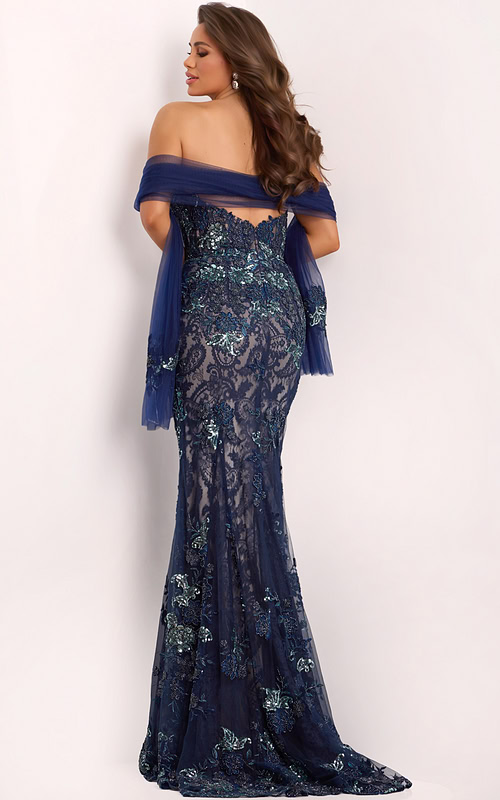 Back view of navy lace gown with sheer embroidered details