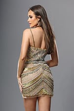 gold bodycon mini dress with strapless sweetheart high slit beaded sequin