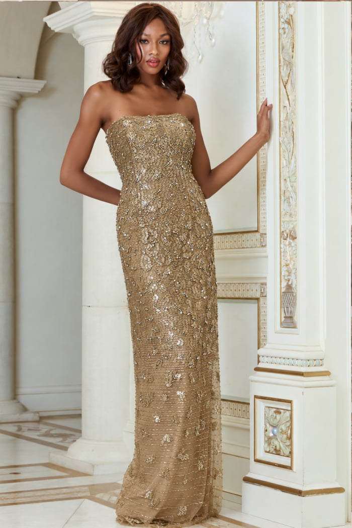 Fitted mermaid gown in shimmering gold beadwork with straight strapless neckline and flared hem