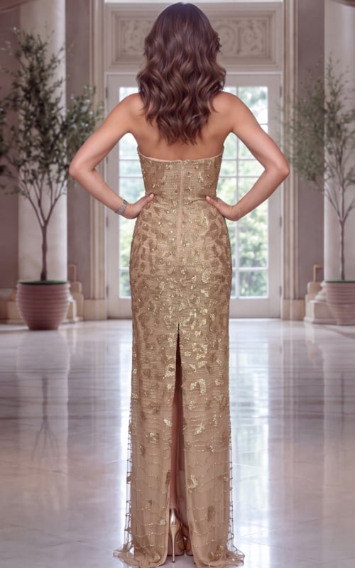 Champagne gold beaded gown photographed from the rear, strapless bodice above a slit skirt