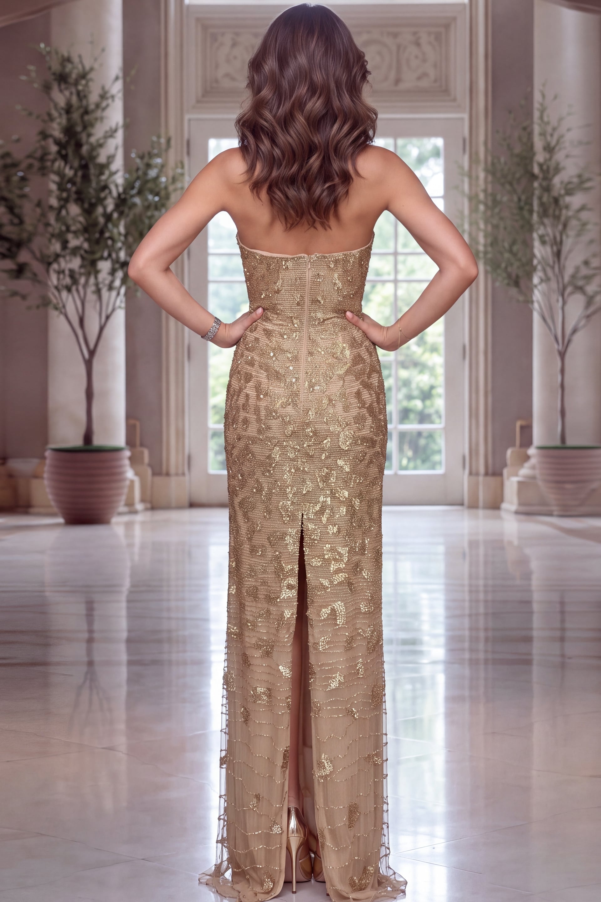 Champagne gold beaded gown photographed from the rear, strapless bodice above a slit skirt