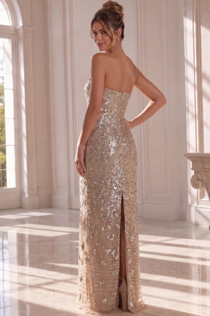 Champagne Sequin Strapless Column Gown with Floral Embellishments