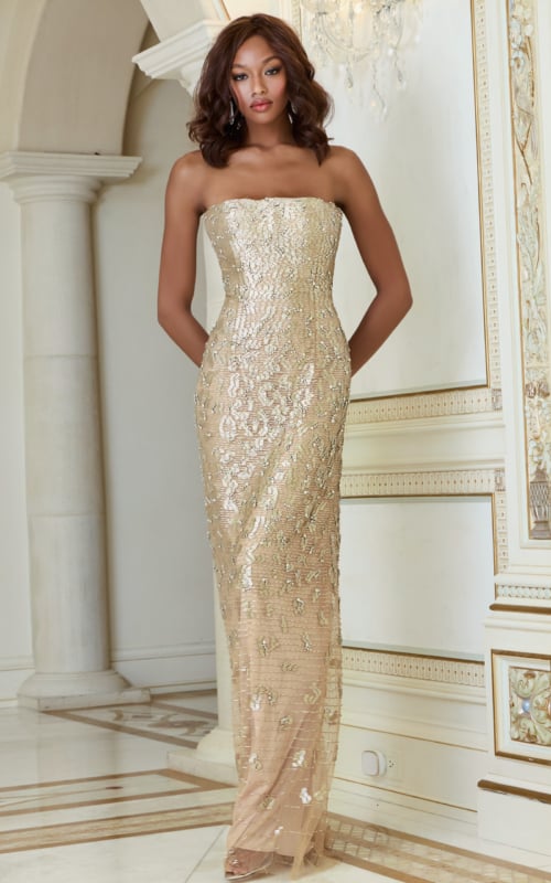 Model wearing Jovani 40887 nude strapless full-length gown from the front.
