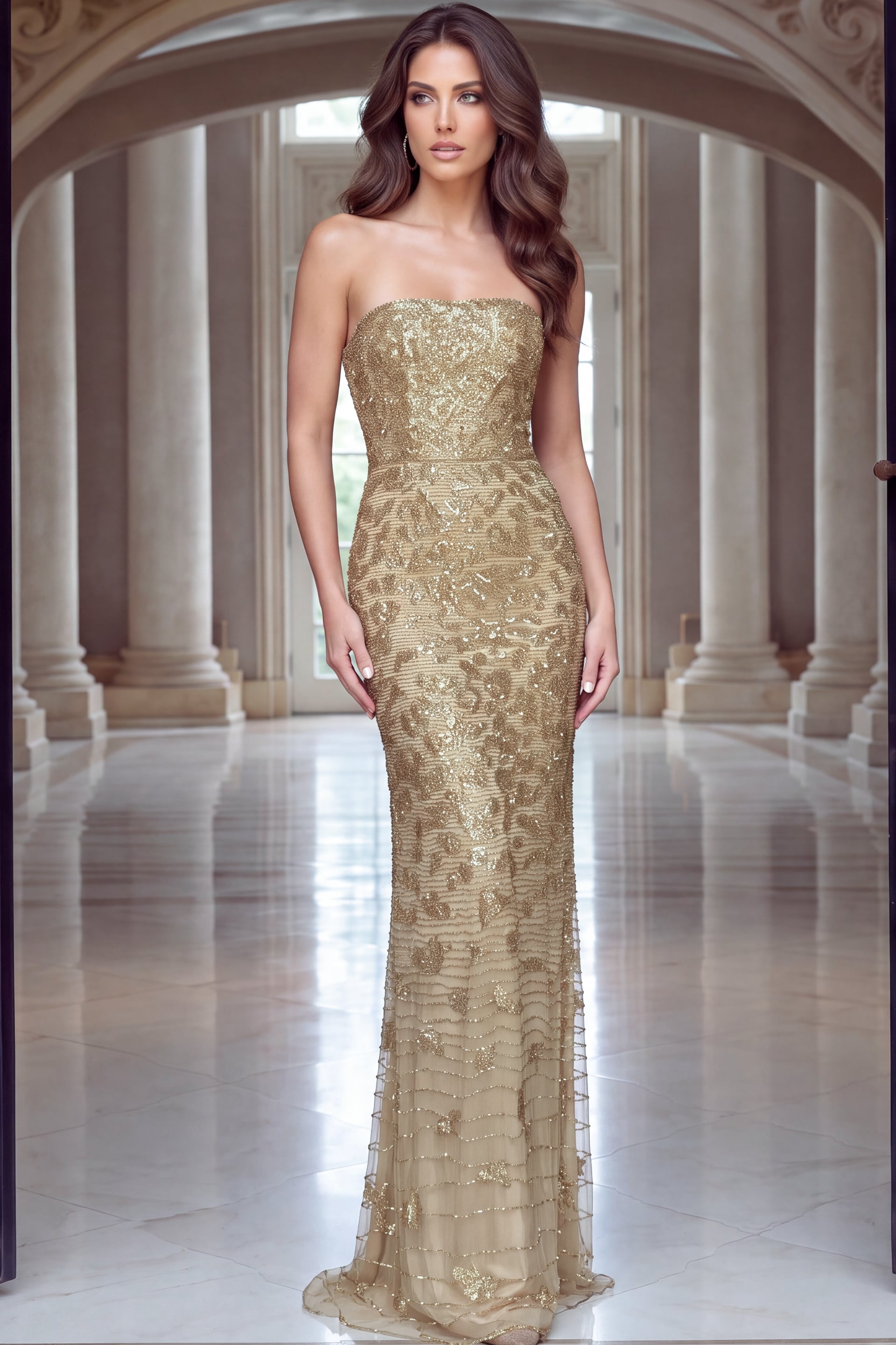 Golden beaded strapless gown falling in a narrow column to a tulle-edged floor sweep