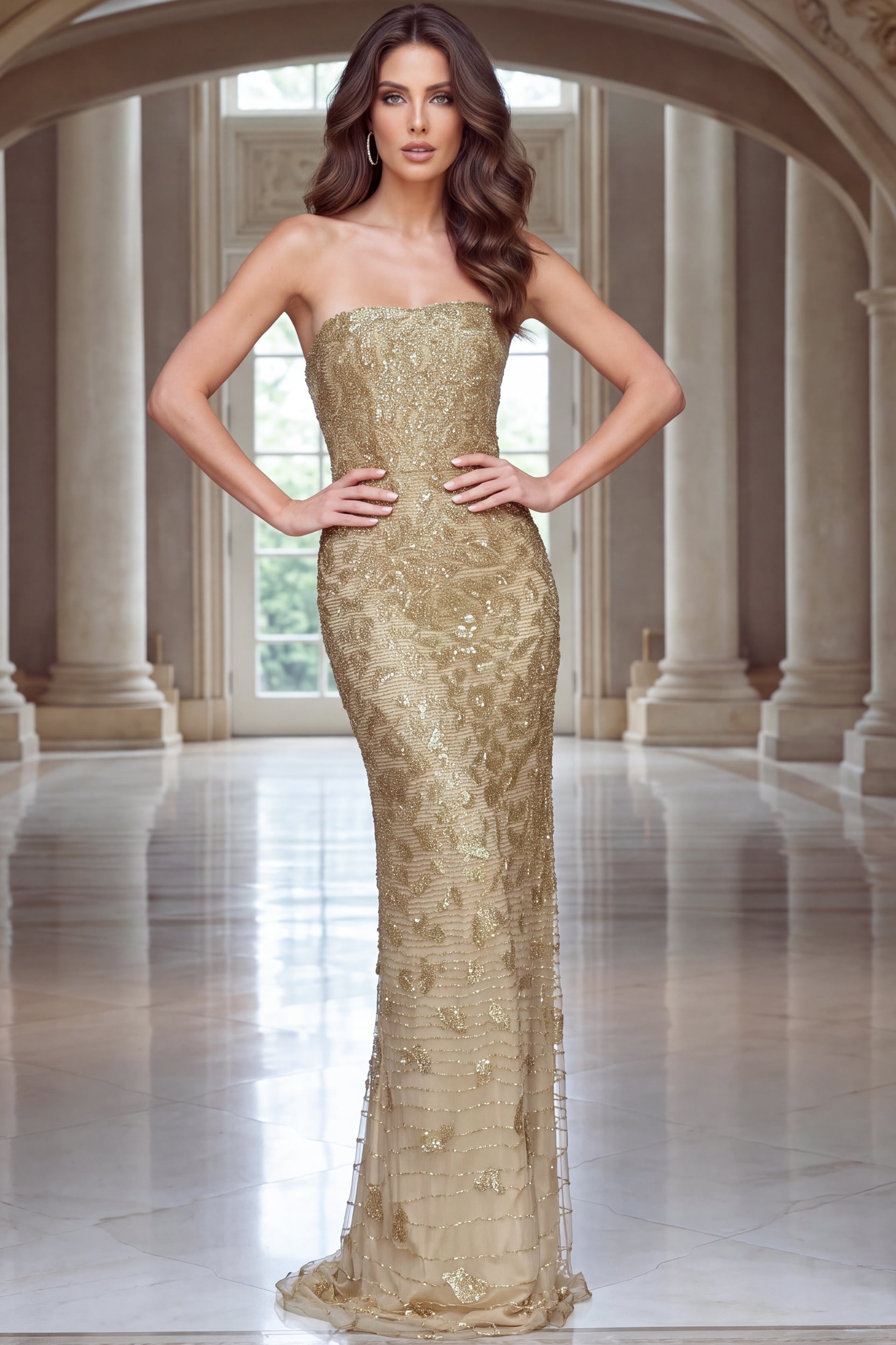 Strapless champagne beaded column gown with dense scrollwork and a soft sheer hem