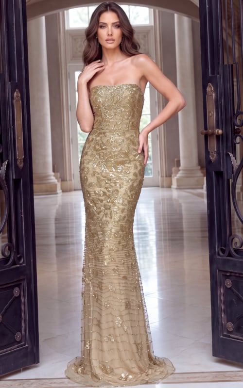 Fitted mermaid gown in shimmering gold beadwork with straight strapless neckline and flared hem