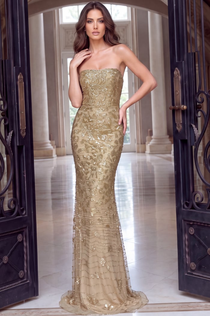 Fitted mermaid gown in shimmering gold beadwork with straight strapless neckline and flared hem