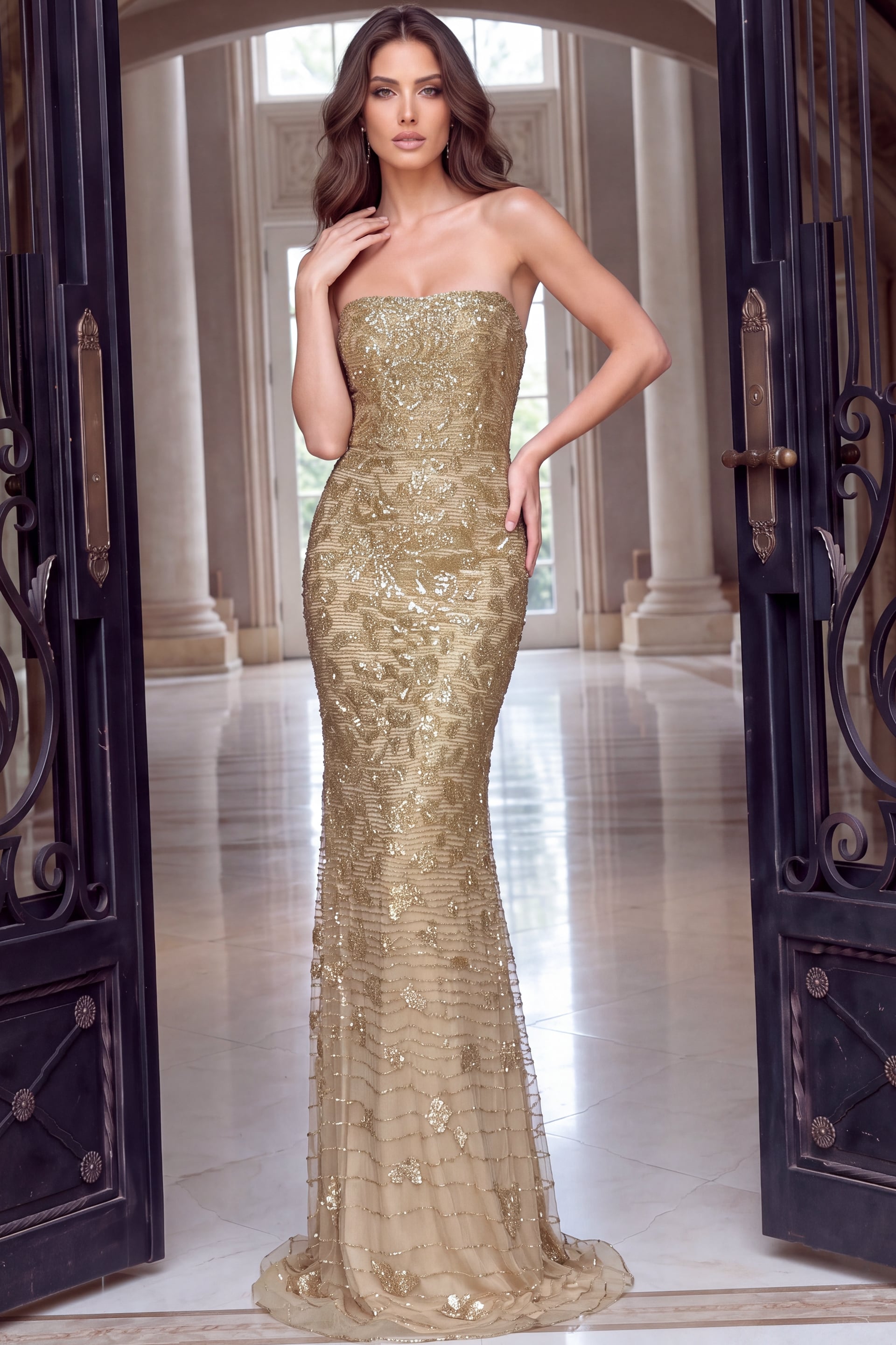 Fitted mermaid gown in shimmering gold beadwork with straight strapless neckline and flared hem