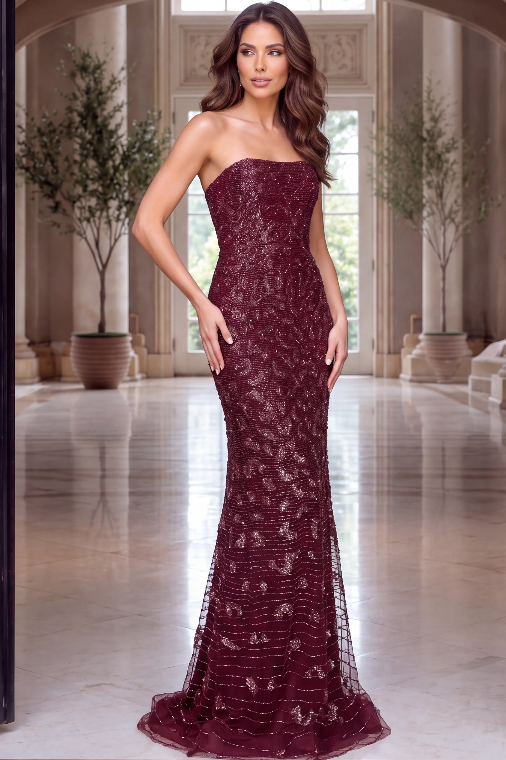 Deep burgundy beaded gown with strapless straight neckline and a trumpet skirt sweeping wide