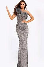 One-shoulder mermaid gown with ruffle neckline and beadwork