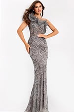 Elegant evening gown with scalloped beaded design and fitted shape