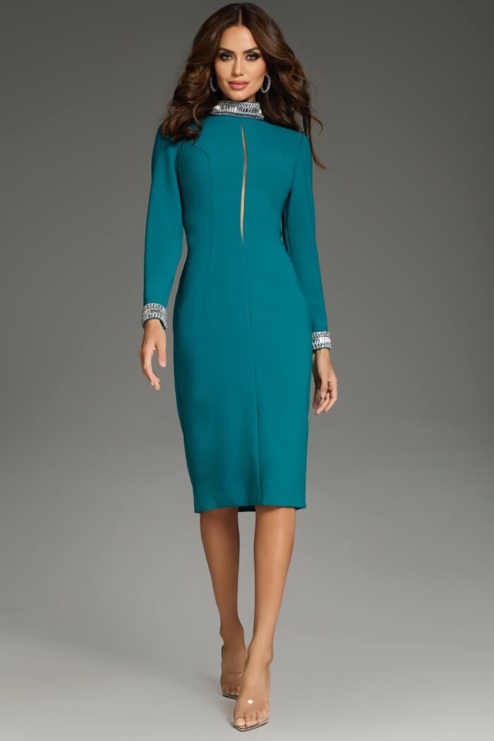 Model wearing Jovani 40910 blue dress with embellished neckline, full length front view.