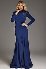 Model in Jovani 40926 navy dress showcasing mermaid silhouette and floral embellishment from the front.