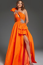 Model posing in Jovani 40929 orange dress featuring a one-shoulder design and silver accents