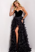Black strapless ballgown with ruffle layers and velvet top