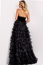 Pageant-ready gown with dramatic black ruffle skirt and fitted bodice