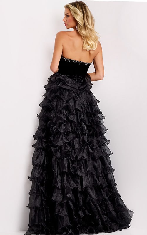 Pageant-ready gown with dramatic black ruffle skirt and fitted bodice