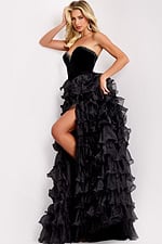 Sweetheart neckline dress with rhinestone trim and high slit