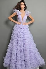 lavender ball gown long dress with plunging v neck ruffle shoulder tiered skirt crystal accents