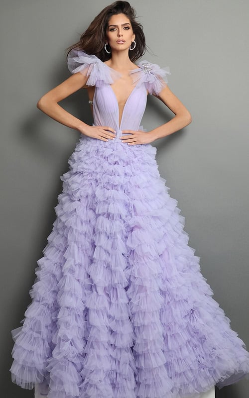 lavender ball gown long dress with plunging v neck ruffle shoulder tiered skirt crystal accents