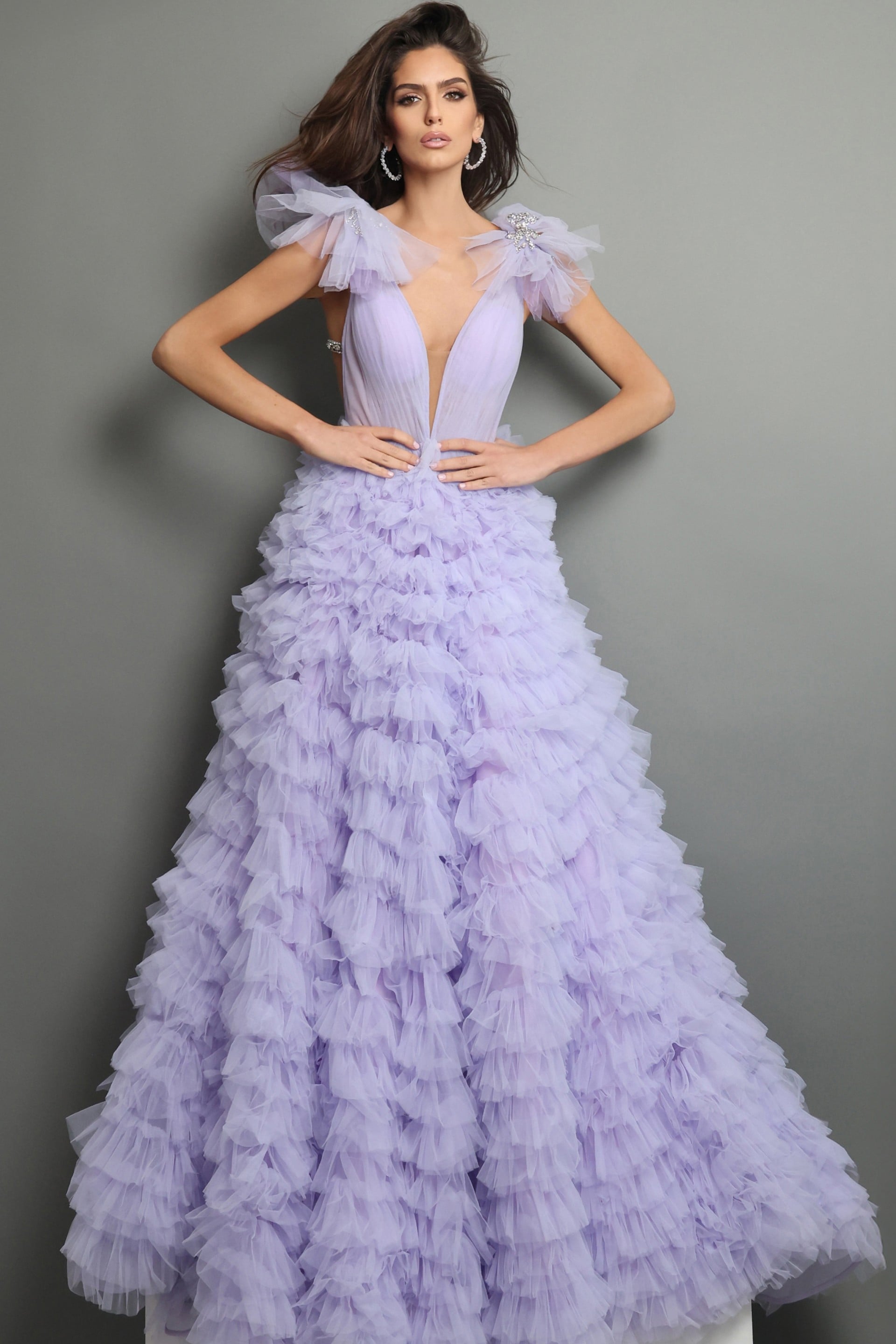 41000_1 lavender ball gown long dress with plunging v neck ruffle shoulder tiered skirt crystal accents