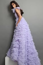 lavender ball gown long dress with plunging v neck ruffle shoulder tiered skirt crystal accents