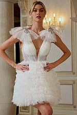 beaded shoulder and layered skirt short dress 41001