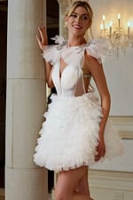 beaded ruffled neckline short dress 41001