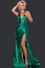 Model in Jovani 41012 green gown, highlighting the halter neckline and floor-length design.