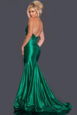 Back view of Jovani 41012 green gown showing off the backless design.