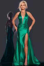 Front view of Jovani 41012 green gown emphasizing the high slit and elegant silhouette.