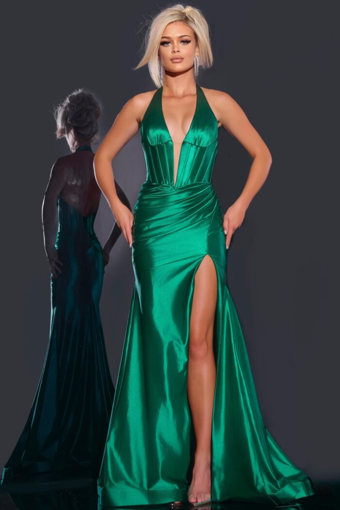 Front view of Jovani 41012 green gown emphasizing the high slit and elegant silhouette.