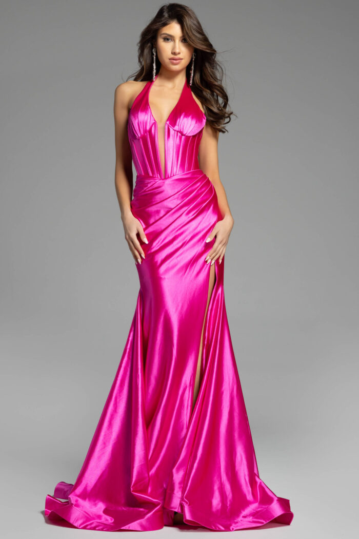 halter neck dress high slit dress 41012