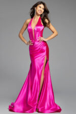 plunging neckline high slit dress 41012