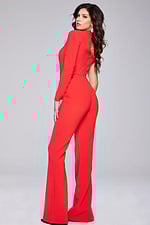 Another back view of the Jovani 41052 red jumpsuit, highlighting the elegant wide-leg pants.