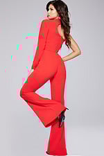 Back view of the Jovani 41052 red jumpsuit, showing the asymmetrical design and fit.