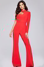 Model wearing Jovani 41052 red jumpsuit with an asymmetrical neckline and wide-leg pants.