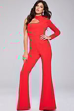 Model wearing Jovani 41052 red jumpsuit with an asymmetric cutout detail at the neckline.