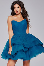 Jovani 41054 blue dress, model showing front view with layered tulle.