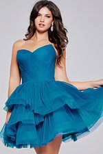 Front view of model in Jovani 41054 blue dress with sweetheart neckline.