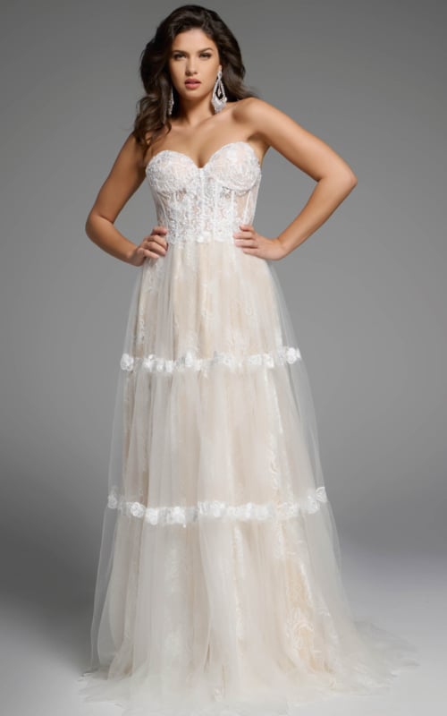 Strapless Floral Lace Wedding Gown With Tiered Skirt