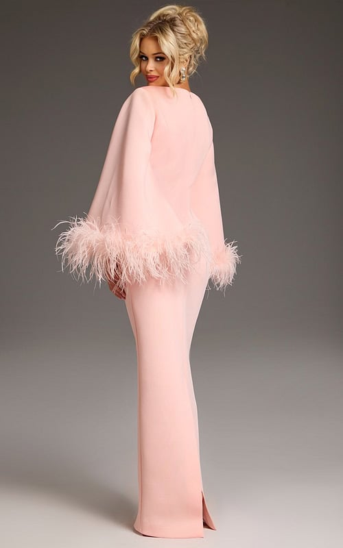 Back view of Jovani 41077 blush gown highlighting the sleek silhouette and feathered sleeves.