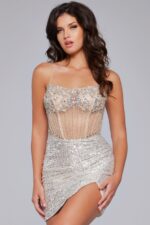 Model wearing Jovani 41090 front view highlighting upper bodice.