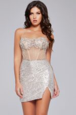 Model wearing Jovani 41090 front view featuring high slit.