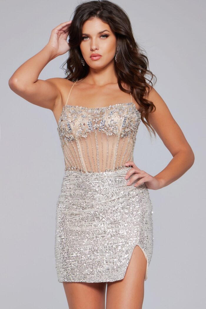 Model wearing Jovani 41090 front view with hand on hip.