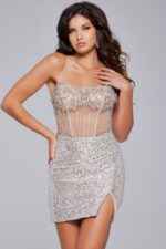 Model wearing Jovani 41090 front view showcasing full dress.