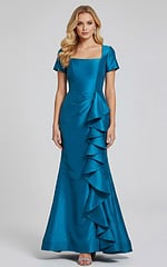 Vibrant blue Gown with Square Neckline and Ruffle Detail