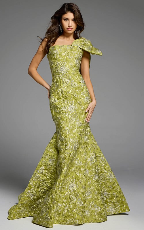 Elegant One-Shoulder Textured Evening Gown Front View